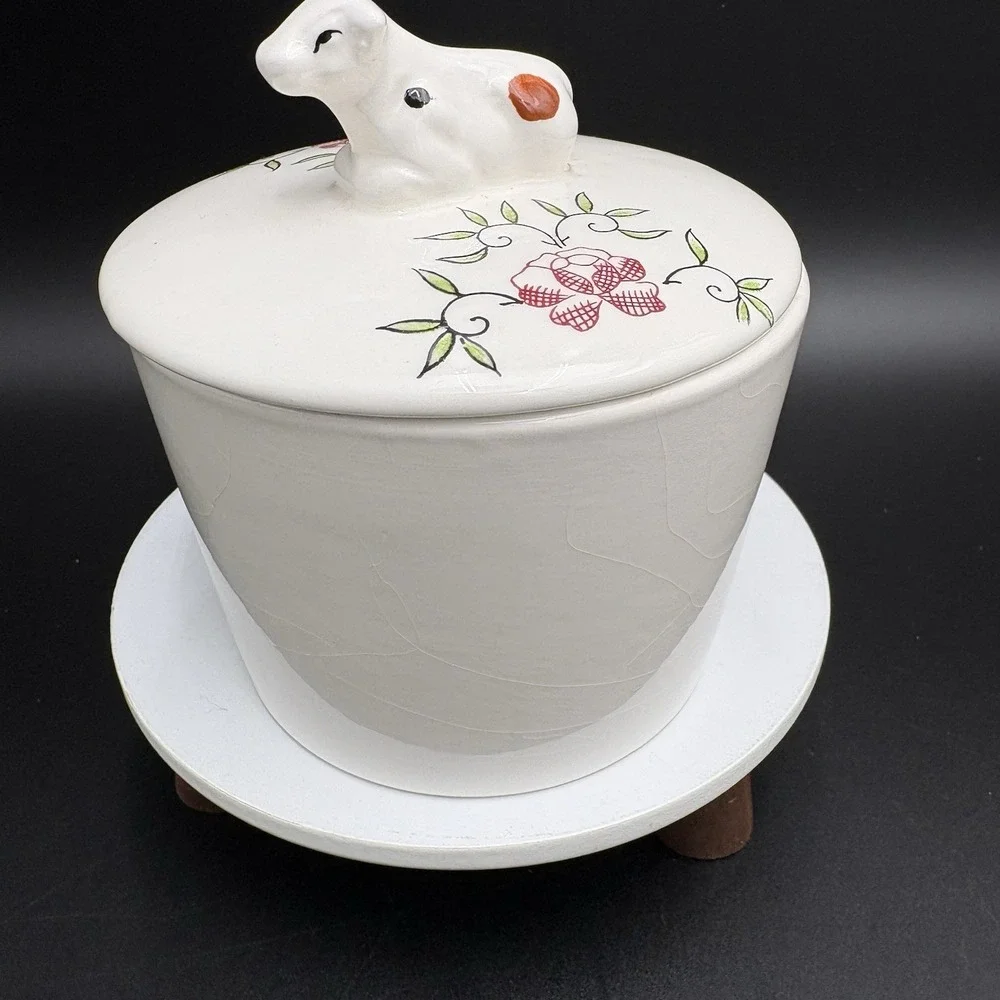Vintage Butter Grease Crock W/ Lid Chickens Cows 4.75